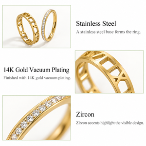 Conjunto de Dos Anillos Geométricos de Acero Inoxidable con Baño de Oro de 14K y Circonita - Product Image 4