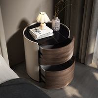 Table de chevet cylindrique italienne style Normcore avec tiroirs en noyer courbés, plateau en pierre frittée, table de chevet de luxe, meuble tambour en bois massif
