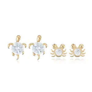 2 pairs/set 925 Sterling Silber Nadel Reales Gold Überzogene Sea Turtle Schildkröte Spinne Krabben Octopus Tier Kupfer Ohrringe für Frauen