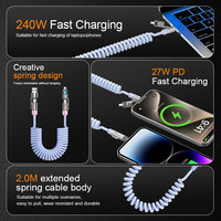 Câble de charge rapide Type-C TPU 4-en-1 rétractable de 2 m pour téléphone portable et utilisation en voiture 240W, rangement facile