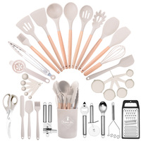 Ensemble de 44 ustensiles de cuisine en silicone antiadhésif avec manche en bois résistant à la chaleur et support