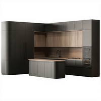 Ensemble d'armoires de cuisine en laque noire mate cuisine complète de qualité supérieure à fermeture en douceur avec îlot design moderne robinet en bois à panneau