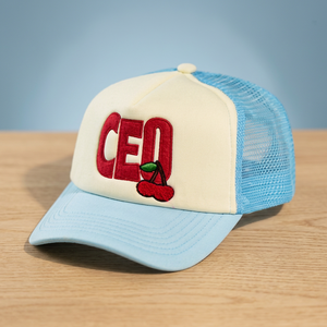 Casquette de camionneur brodée CEO Cherry, bleu clair, dos en maille, unisexe, style streetwear, printemps-été, ajustement réglable - Product Image 1