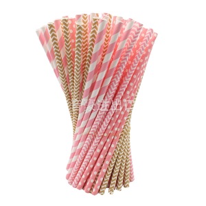 Paper Straws 200 Mm 6 Mm Inner Diameter Pink Gold Zigzag Polka Dot Pattern Disposable Party Use - Product Image 1