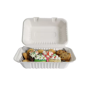 Boîte à lunch jetable à couvercle articulé sécurisé de 9x6 pouces Conteneur à emporter compostable en bagasse pour collations, pâtisseries et traiteur - Product Image 1
