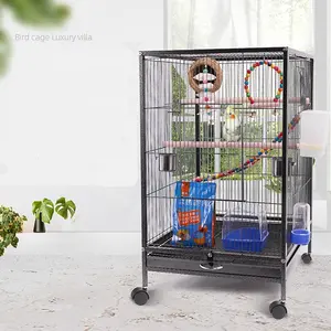 Vente en gros de haute qualité en fil de métal noir grandes cages à perroquets pour oiseaux d'élevage avec roues