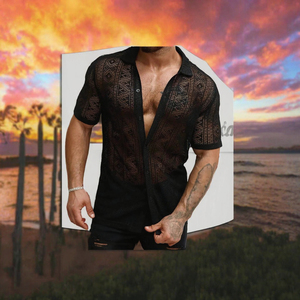 Chemise en dentelle pour hommes, manches courtes, boutonnée, ajourée, transparente, décontractée, pour les vacances d'été - Product Image 3