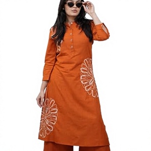 Orange Cotton <b>Kurti</b> With Floral Embroidery Loose Fit Ankle Length Traditional <b>Indian</b> Wear For Women Casual Outfit - Product Image 1