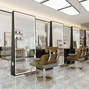 Estación de espejo de estilista de peluquero con marco de Metal de doble cara de lujo moderno profesional con luz LED para piso de salón de belleza - Product Image 3