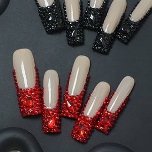 Uñas acrílicas hechas a mano al por mayor, uñas postizas cuadradas de cobertura completa, diseño de diamantes de imitación negros y rojos, personalización disponible. - Product Image 2