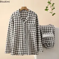 Nouvel ensemble de pyjamas décontractés en coton pour femme, automne-hiver, 2 pièces, motif écossais, col rabattu, vêtements de nuit, tenue d'intérieur pour couple