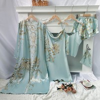 Simple cinq pièces maison porter ensemble imprimé cerise pyjamas femmes mince chemise de nuit licou Shorts licou jupe ensemble