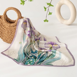 Cadeau pour la Saint-Valentin, foulard carré en soie de mûrier imprimé élégant haut de gamme pour femmes, avec motif de fleurs de narcisse violettes - Product Image 2