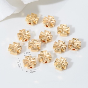 Nuevo Estilo, Cuentas Espaciadoras Redondas con Cruz, Chapadas en Oro de 14K, Hechas a Mano, Material para Pulseras y Collares con Cuentas - Product Image 5