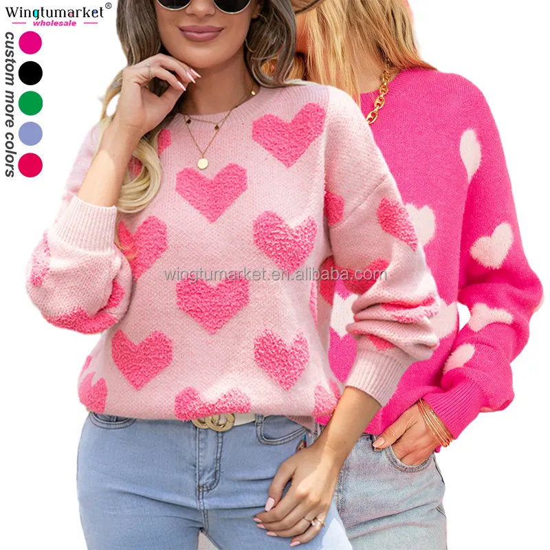 Vente en gros pull pour la Saint-Valentin en tricot rose vif coeur d'amour pull duveteux pour la Saint-Valentin chandails pour femmes en tricot jacquard de créateur