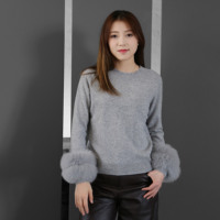 Pulls en laine unie légers Tyan en promotion pour femme, col rond, tricotés, avec poignets en vraie fourrure de renard
