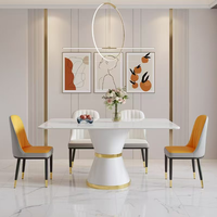 Ensemble de table à manger en pierre frittée minimaliste italienne, base en piédestal blanc doré, style moderne, luxe léger, rectangulaire, pour maison, villa, restaurant