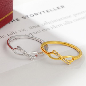 Fashion Dainty <b>Crystal</b> Bowknot Gold Plated Stainless Steel Hollow Zircon Bow Tie <b>Rings</b> for Women - Product Image 1