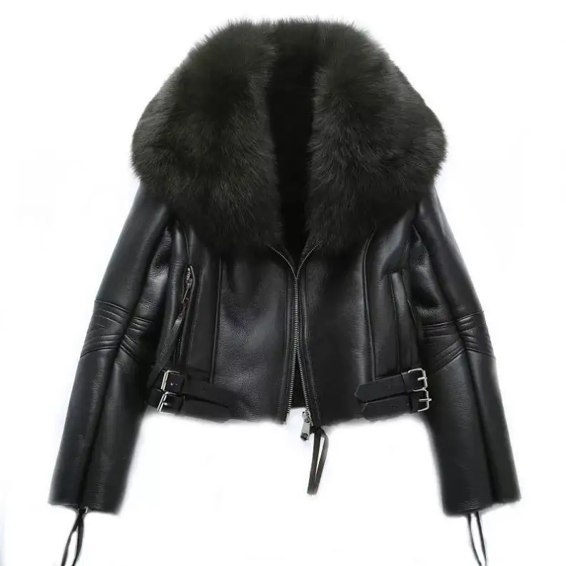 Son tasarım bayan rahat moda kadınlar seksi deri ceket toptan kış ceket büyük tilki <span class=keywords><strong>kürk</strong></span> yaka özel deri ceket