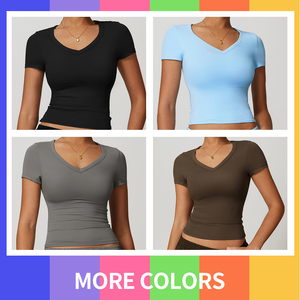 Haute qualité femmes décontracté Yoga haut court séchage rapide Fitness antichoc serré à manches courtes T-Shirt entraînement Gym Fitness porter - Product Image 4