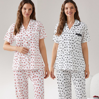 Ensemble de pyjama pour femme en maille côtelée à col inversé, manches courtes et pantalon, motif floral délicat, pour le commerce international