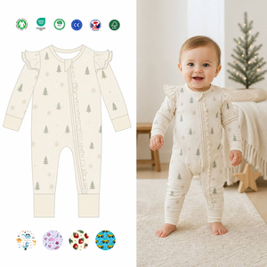 Hongbo OEM Maßgefertigter 2-Wege-Reißverschluss Baby-Strampler mit Rüschen an den Schultern und Füßen, Weihnachts-Schlafanzug aus Bambus-Spandex, Baumwoll-Baby-Jumpsuit - Product Image 1