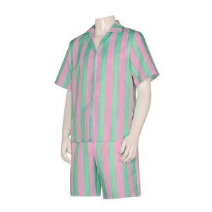 Striped Satin <b>Pajama</b> Set <b>Men</b> Pink Green Short Sleeve Shirt and Shorts Summer Sleepwear - Product Image 4
