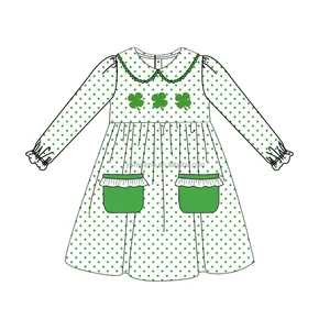 聖パトリックの日クローバーフレンチノットブティックキッズ服水玉模様子供服女の赤ちゃんロングドレス