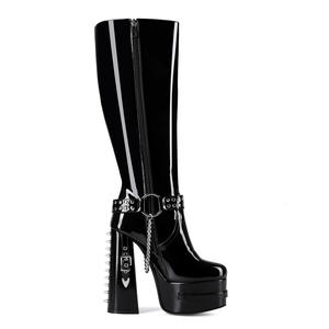 SHIKOL bottes en cuir verni noir femmes genou haute plate-forme clouté Rivet boucle grande taille mode <span class=keywords><strong>moto</strong></span> Punk gothique bottes - Product Image 5