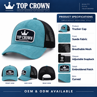 Casquette de camionneur promotionnelle personnalisée OEM ODM avec patch brodé, face en daim, dos en maille respirante et fermeture à pression réglable