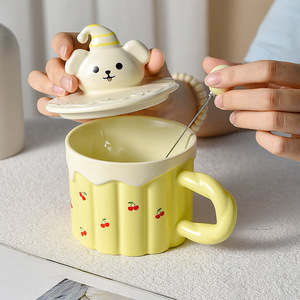 Mug keramik anak, kapasitas besar, lucu dengan tutup sendok gaya krim, cangkir sarapan khusus untuk anak-anak untuk pesta - Product Image 2