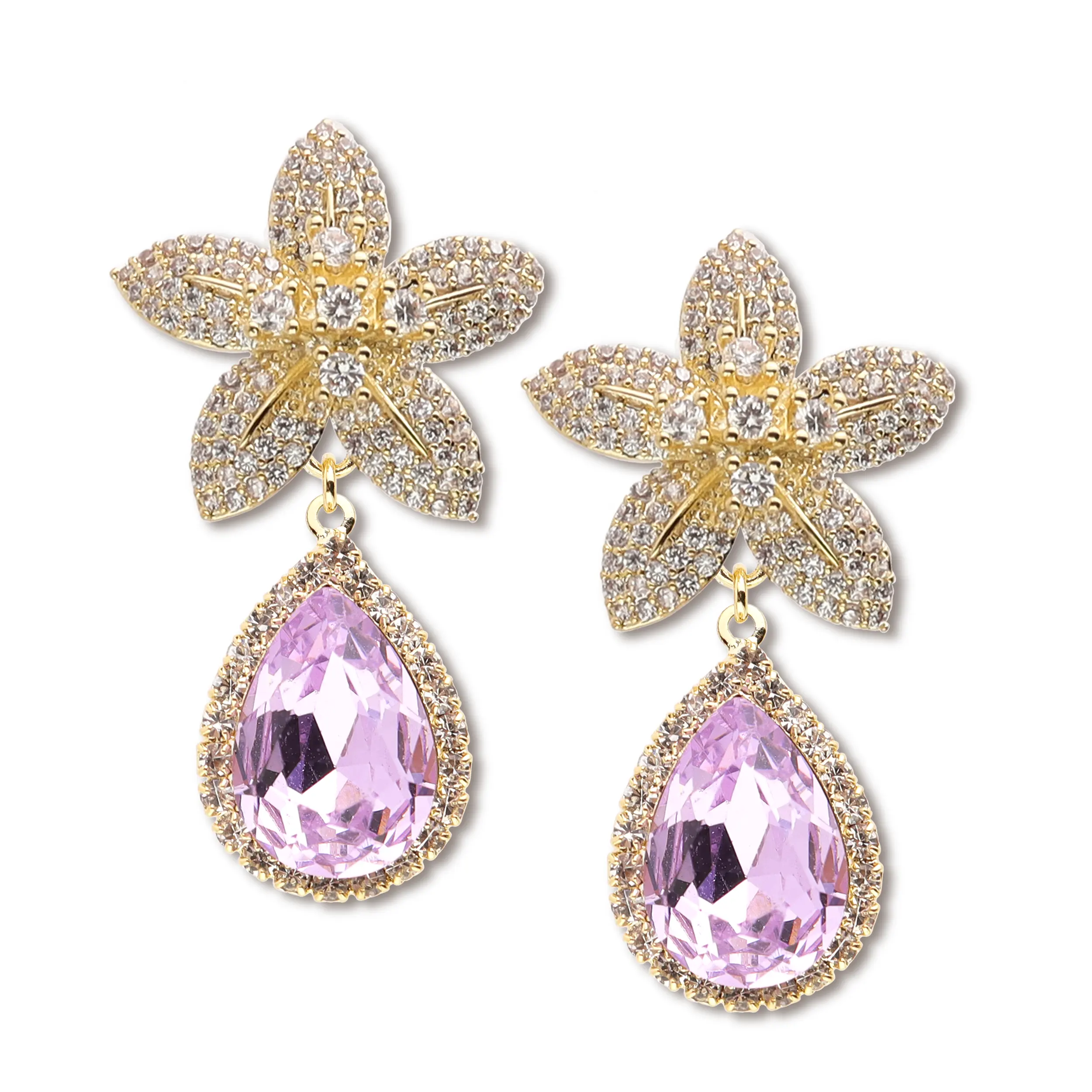 Purple Austrian Crystal Luxury Fashion Elegant 14K Gold-plated Drop Jóias Brincos para Meninas Mulheres