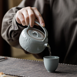 Guanlan Sky Blue Ru Kiln Teapot With Lifting Handle Relief Design Zequan Porcelain Kung Fu <b>Tea</b> <b>Set</b> Single Teapot - Product Image 2
