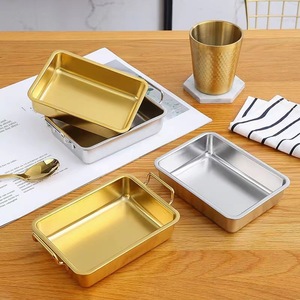 304 Stainless Steel Serving Tray Gold Silver Square Double Handle Multifunctional Food Container For Snack Fried Chicken Salad - Product Image 3