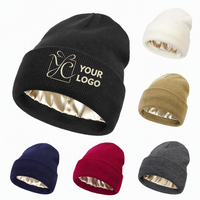 Bonnet en tricot noir thermique coupe-vent personnalisé avec broderie LOGO en satin de soie pour femme – Protection hivernale