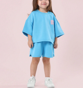 Logo personalizzato per bambine e bambine vestiti a maniche corte t-shirt e Set corto per bambini estate in tinta unita 2 pezzi Set abbigliamento - Product Image 1