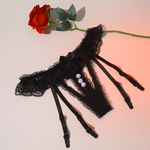 String sexy en dentelle à volants avec perles et entrejambe ouvert, avec <span class=keywords><strong>porte</strong></span>-jarretelles, pour femme, ensemble de lingerie exotique à nœud papillon et pinces à bas - Product Image 3