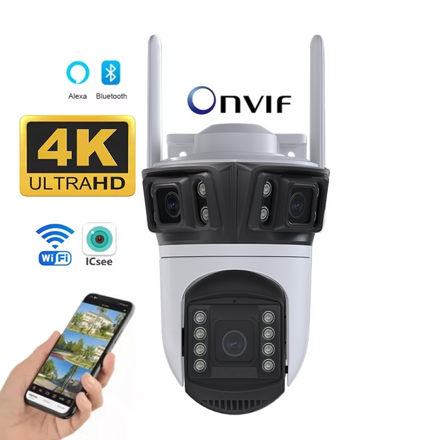 ICSEE 12MP Video CCTV Outdoor Camara De Surveillance Sans 3.6mm 9MP PTZ Tandem WIFI Three Lens Camera