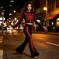 Halloween Skelett-Kostüm für Damen, Rotes Knochenmuster Langarm-Crop-Top und Schlaghose Set, Party-Verkleidung
