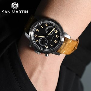 Prix usine san martin Vintage Pilot <span class=keywords><strong>VK64</strong></span> quartz Lunette bidirectionnelle Chronographe Lumineux montre en acier inoxydable homme à vendre - Product Image 3