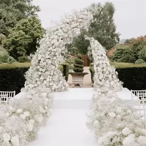 QSLH Ti383 Babysbreath Mix Roses White Metal Horn Flower Arch And Flowers porta Arch composizione floreale per la festa di nozze