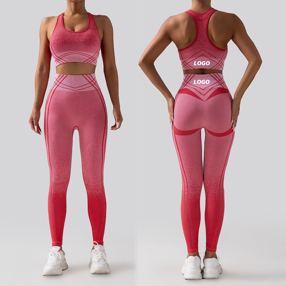 New 2 Pcs Patterned Ombre Seamless Gym Wear Jogging Clothes for Women, OEM High Waist Leggings With Sports Bra Yoga Activewear