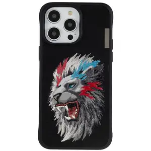 NIMMY For iPhone 14 Pro Max Animal Pattern Embroidery Phone Case Anti drop PU Leather TPU PC Hybrid Cover