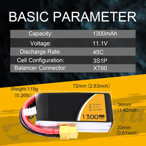 Batería LiPo 3S 11.1V 1300mAh 45C con Conector XT60 para Wizard X220 QAV250 QAV180 210 Vortex 285 Mini H FLIP FPV CN - Product Image 2