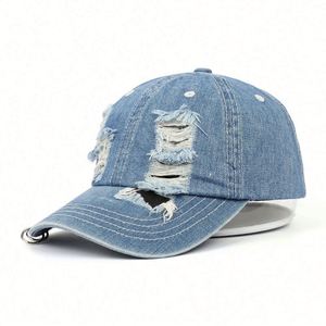 Manufactory Wholesale Most Popular 6 Panel Stylish Youth Fitted Unstructured Denim Jeans Distressed Baseball <b>Hat</b> - Product Image 2