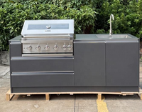 Îlot de cuisine extérieur personnalisé en SUS304 avec barbecue gaz/charbon double combustible, évier, réfrigérateur et rangement à tiroirs pour jardins de villas