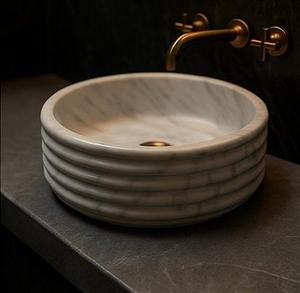 Luxury Fluted <b>Round</b> Marble Vessel Sink Handmade Natural Stone Countertop Bathroom Wash <b>Basin</b> - Product Image 2