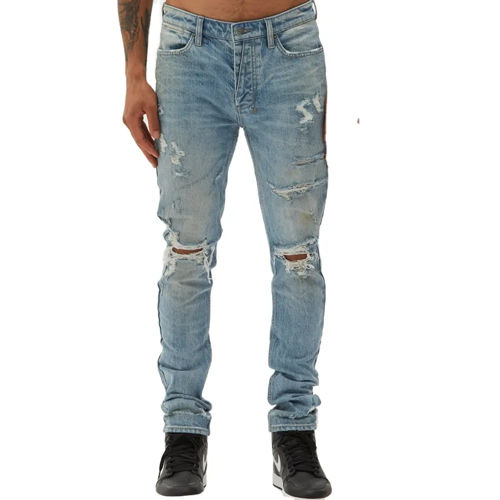 Personalizzazione grafica produttori di Jeans in Denim cina all'ingrosso all'ingrosso OEM/ODM Jeans da uomo in difficoltà pantaloni strappati Denim