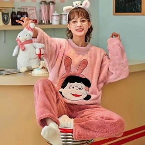 Sleepwear Sets Coral Fleece <strong>Pyjamas</strong> <strong>Women's</strong> Winter Cute Stars Sheep Fleece-lined Thickened Warm Flannel Pajamas Home Clothes - Product Image 4