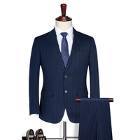 Costume d'affaires bleu marine rayé en tissu TR viscose/polyester, col à revers, simple boutonnage, coupe ajustée pour homme adulte